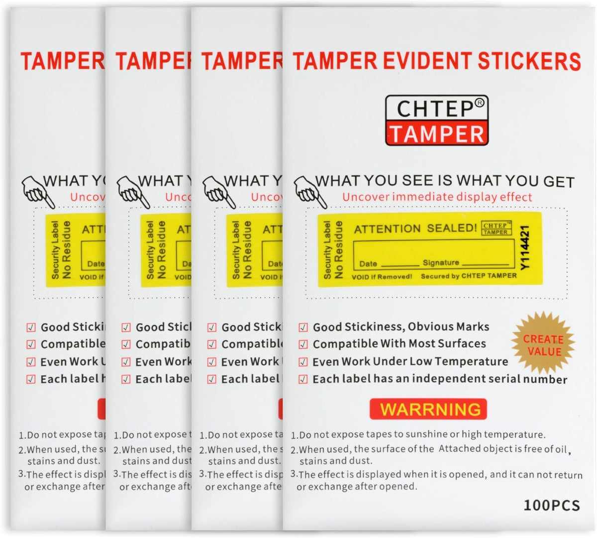 ChtepTamper 100 Pieces No Transfer Tamper-Evident Stickers Security Labels Great for Goods Shipping,Exchange of Agency Files, Privacy Protection or More(Serial Number 0.8 * 2.4inches Yellow)