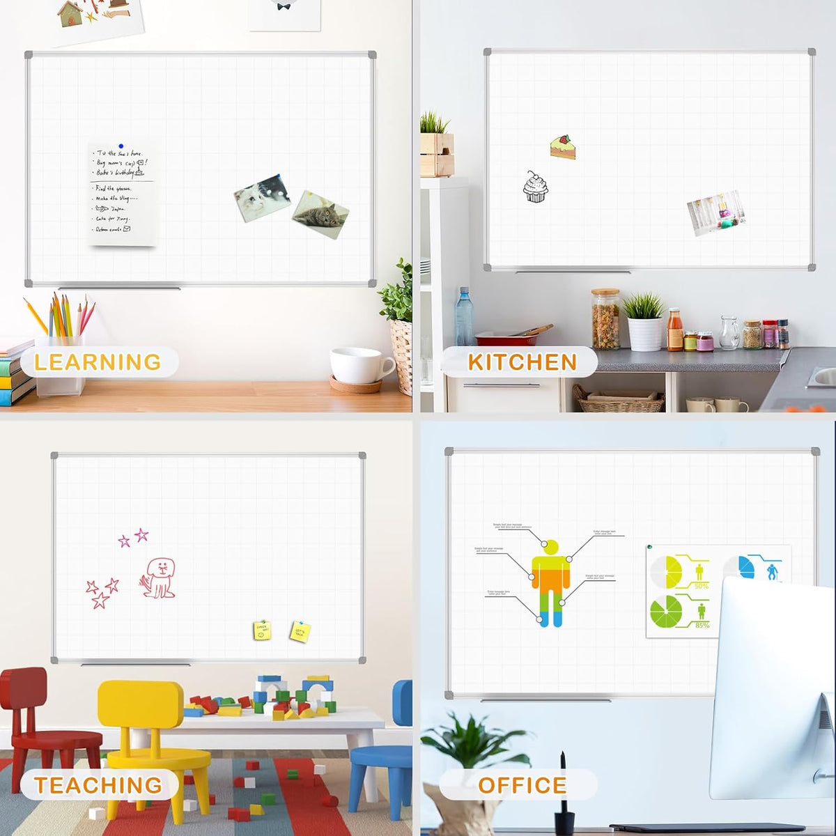 JILoffice Magnetic Dry Erase Planning Board, Grid Pattern White Board 48 x 36 Inch, Silver Aluminum Frame with Detachable Marker Tray for Office School and Home
