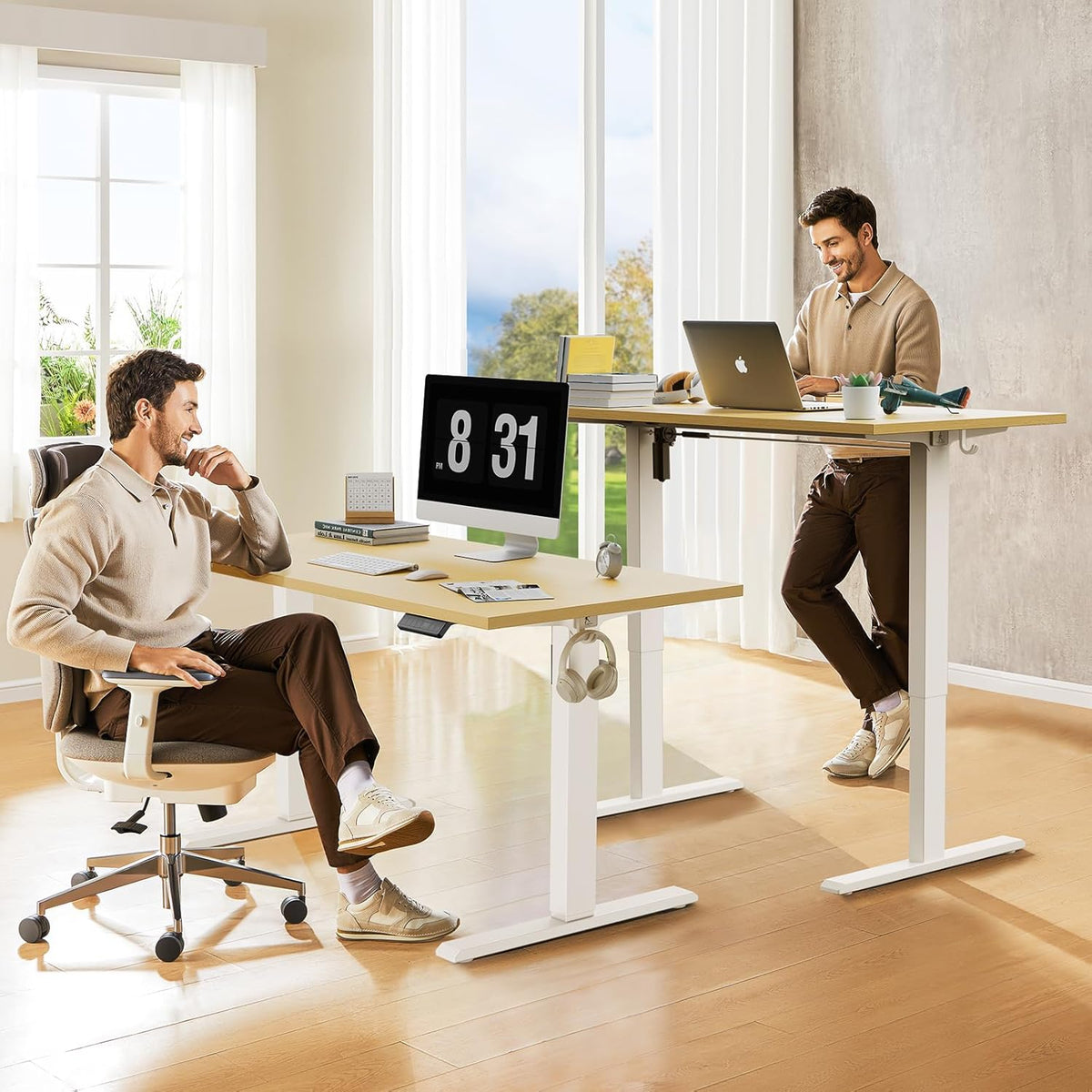 55x28 Inches Whole Piece Electric Standing Desk, Seamless One Piece Height Adjustable Sit to Stand up Desk for Home Office, Ergonomic Computer Workstation, Oak