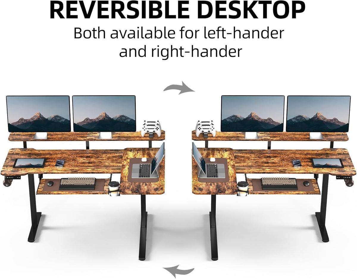 59 Inch L Shaped Standing Desk with Shelves and Keyboard, Electric Corner Standing Desk Adjustable Height, Sit Stand Computer Table with Reversiable Splice Board，Rustic Brown