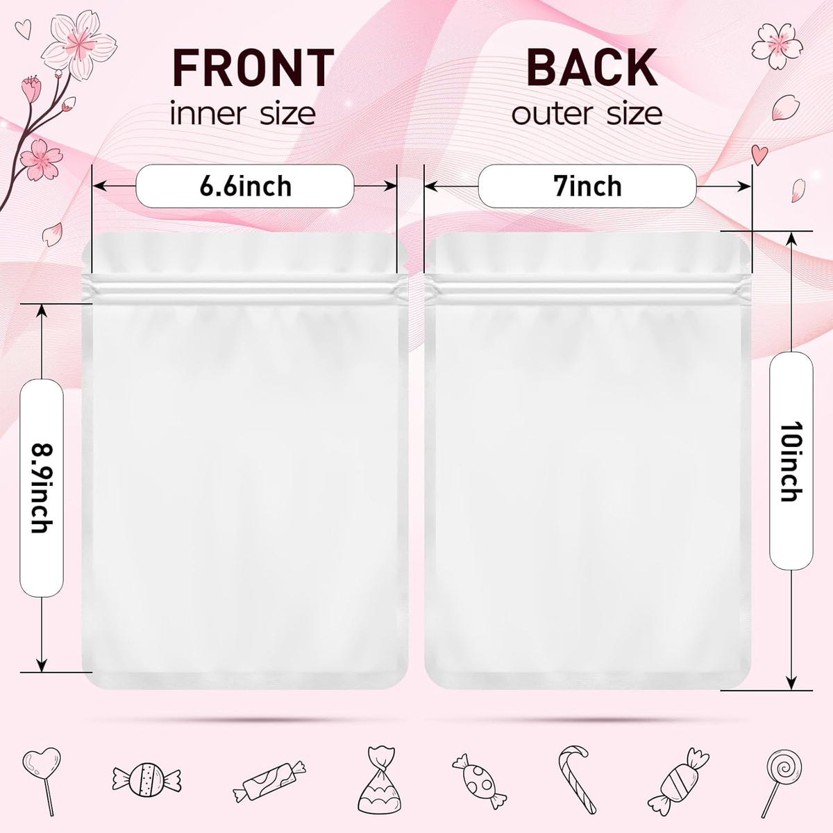 Funfery 100 Pack White Mylar Packaging Bags Resealable Bags Double Sided Color Odor Proof Pouch Baggies Smell Proof Foil Bag for Food Storage,Small Business(White,7x10inch)