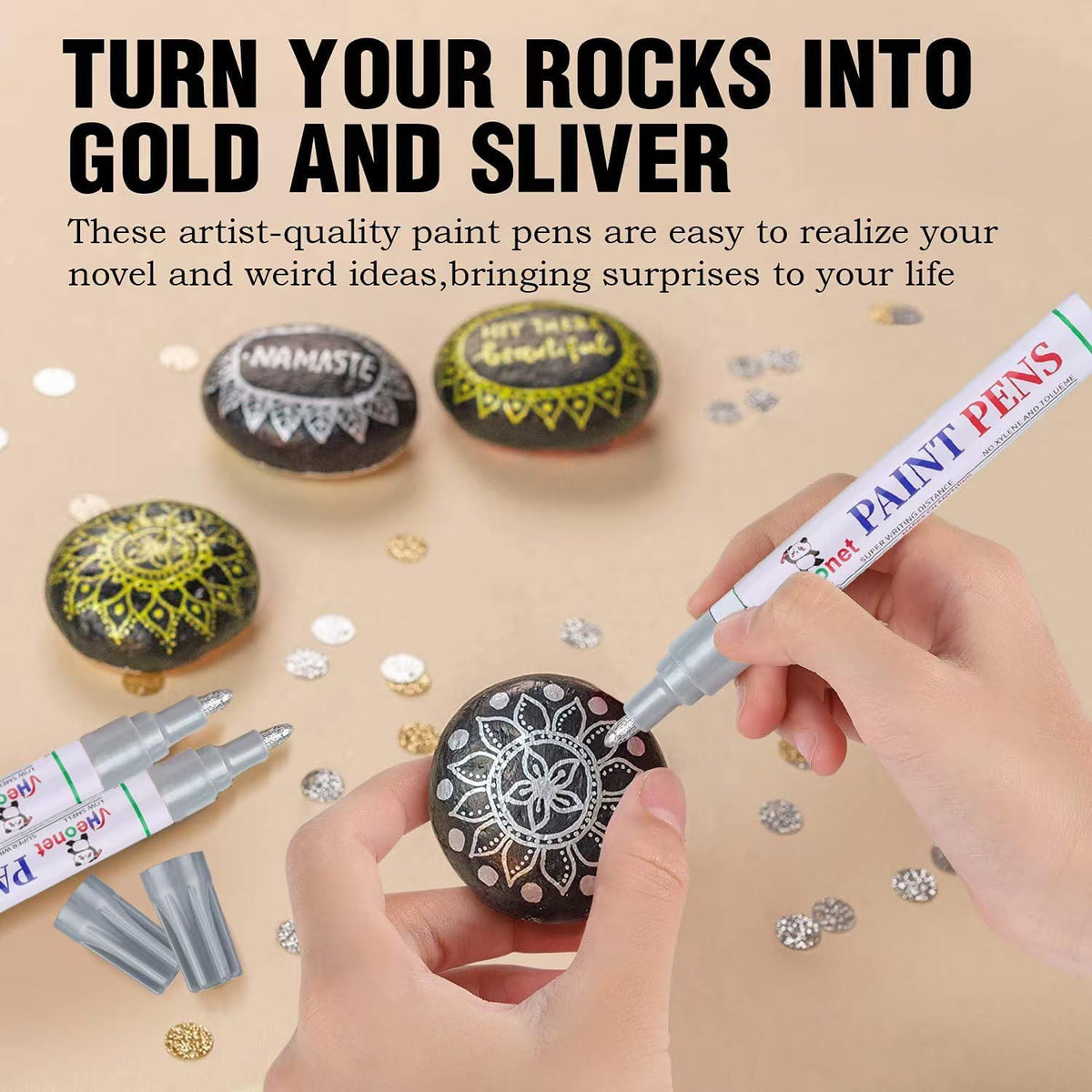 Sliver Paint Pens marking pens Permanent Markers - 6 Pack Oil Based Waterproof Markers for Tire, Rubber,Wood, Rocks, Metal, Canvas,Plastic, Dark Surface,Craft office Supplies,Medium Point