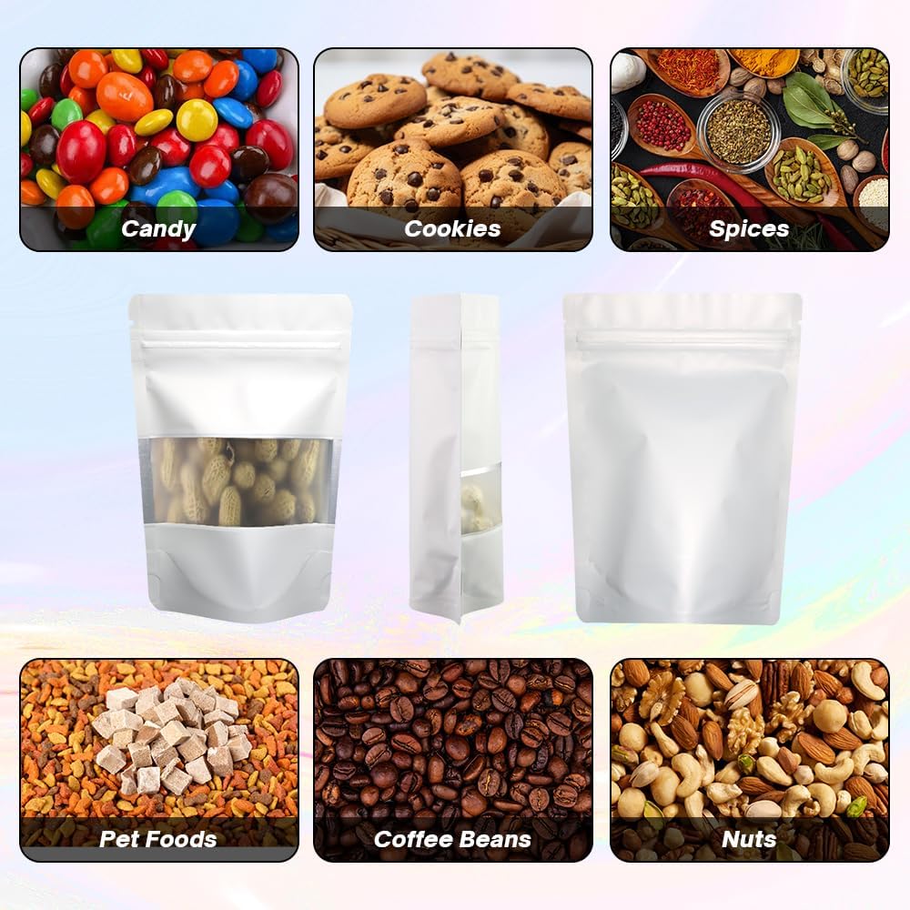 White Smell Proof Packaging Bags,Mylar Clear Bags for Food Storage,Sealable Bag for Packaging,Stand Up Pouches with Window,ReSealable Bag for Small Business,Cookies,Candy