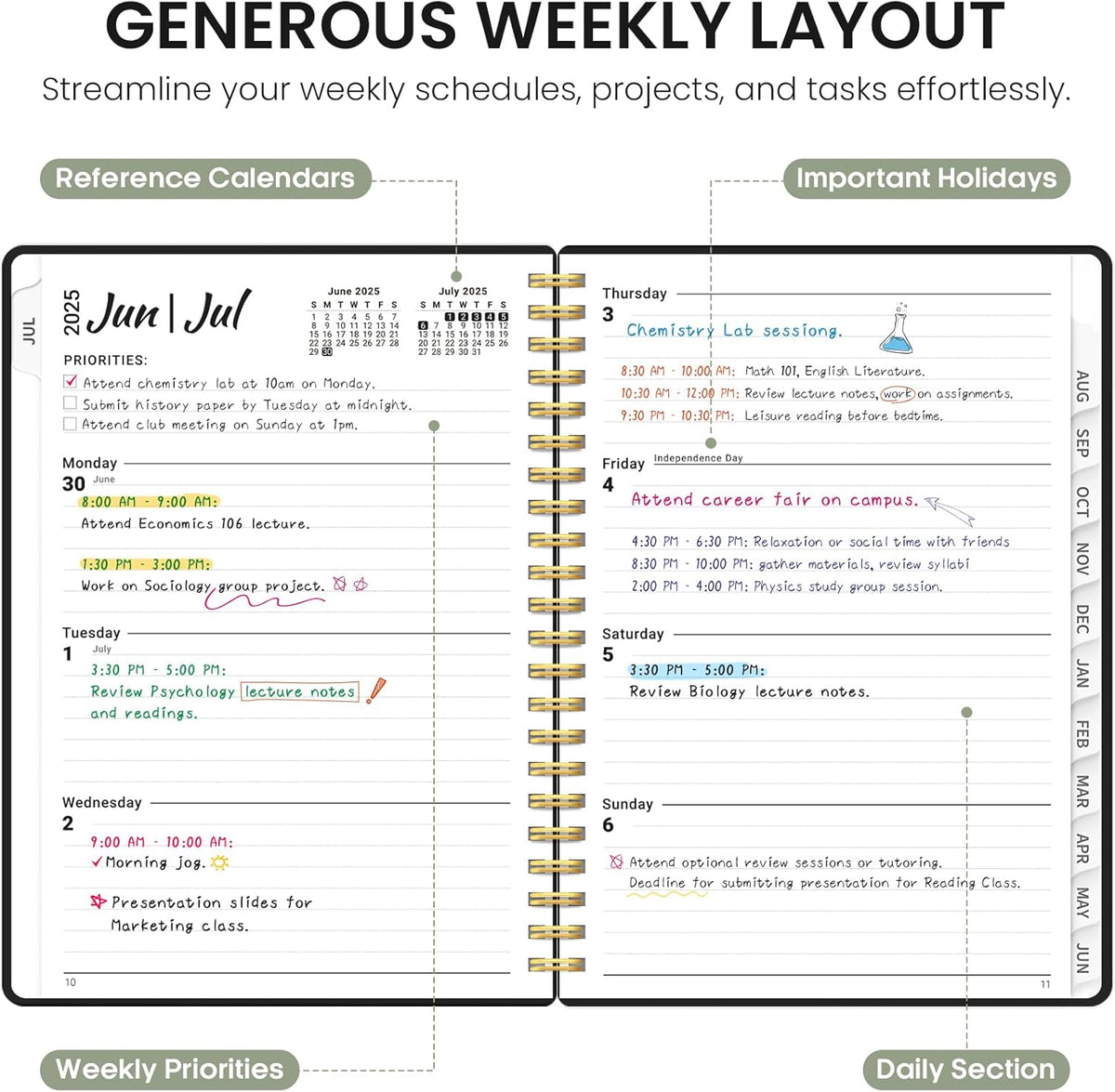 Planner 2025-2026, Academic Year Weekly and Monthly Calendar Planner, July 2025 - June 2026, Spiral Bound School Planning Tool, Perfect for Teacher, Student, Woman & Men - A4 (8.5" x 11"), Green