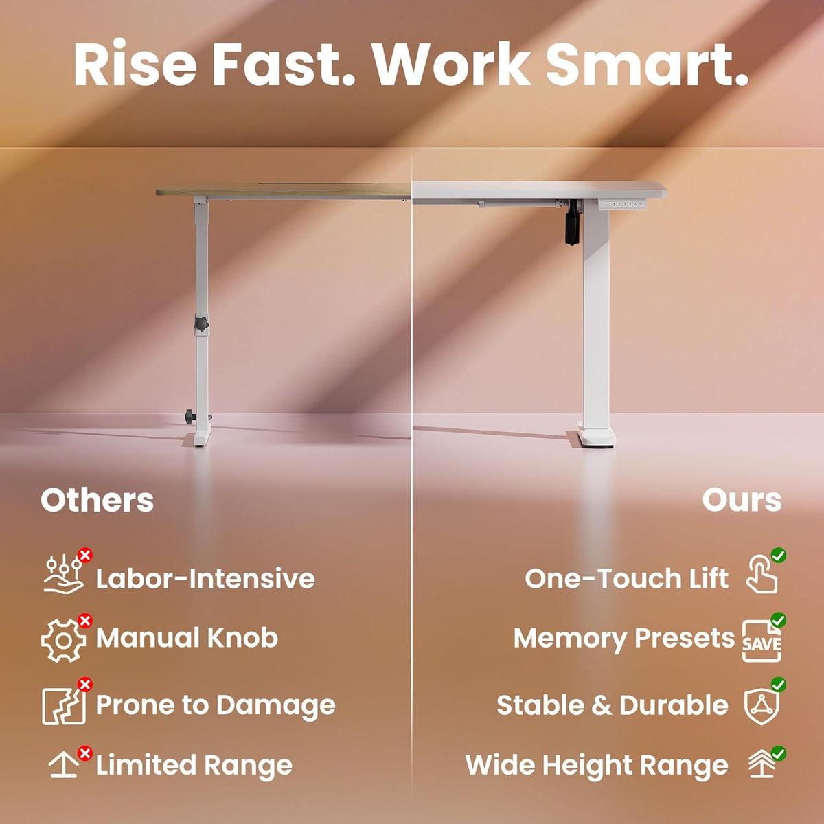 HUANUO 63 x 28 inch Electric Standing Desk Adjustable Height, 4 Memory Height Settings, Sit Stand Up Desk for Home Office & Computer Workstation, White