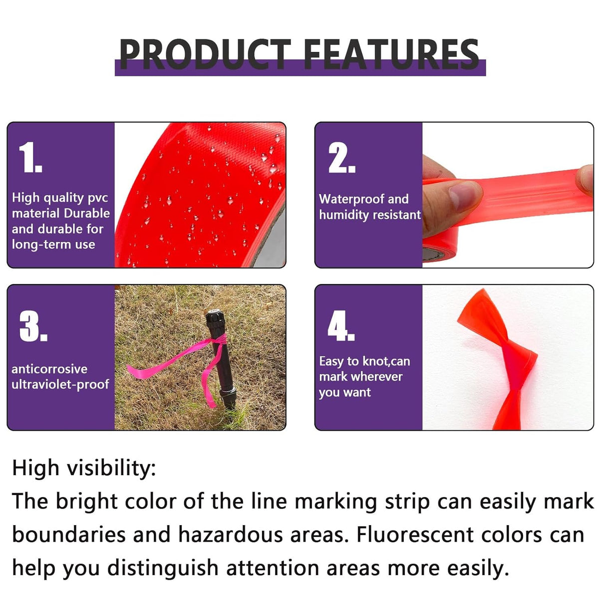 6 Pack Purple Flagging Tape - Non-Adhesive Plastic Ribbon Neon Tape, 1inch*600ft, Tree Marking, Hunting, Boundaries and Hazardous Areas, Trail Marking