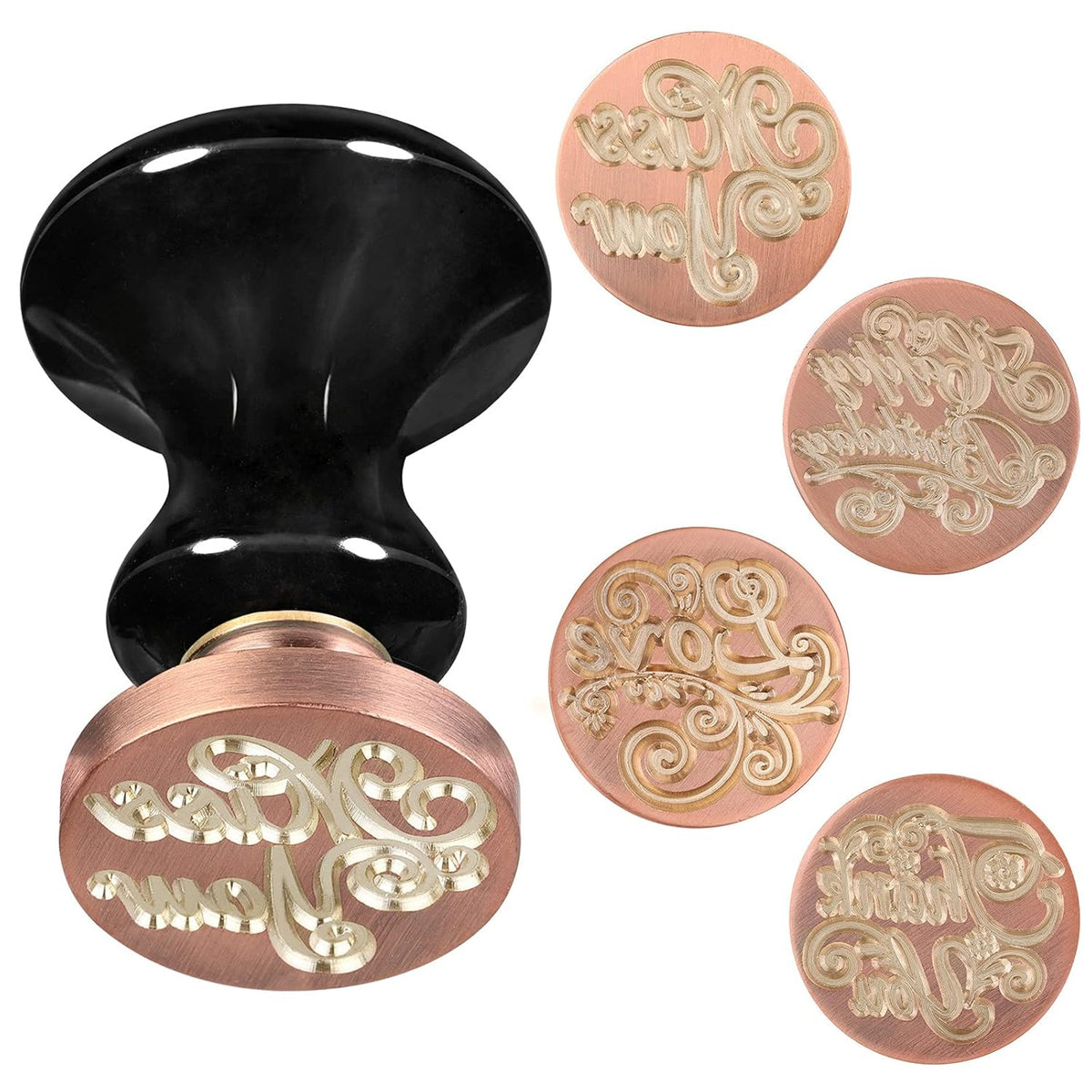 rockcloud Wax Seal Stamp Set, 4 Pieces Sealing Wax Stamps Copper Seals with 1 Black Obsidian Seal Handle for Cards Envelopes Invitation Decoration, Love Expressiont