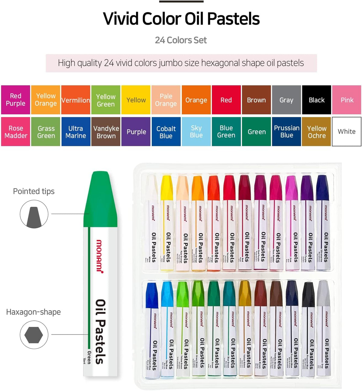 MONAMI Oil Pastels, Jumbo Size Hexagonal Shape Oil Pastels for Kids and Students with Handy Carrying Case, 24 Vivid Colors Pack