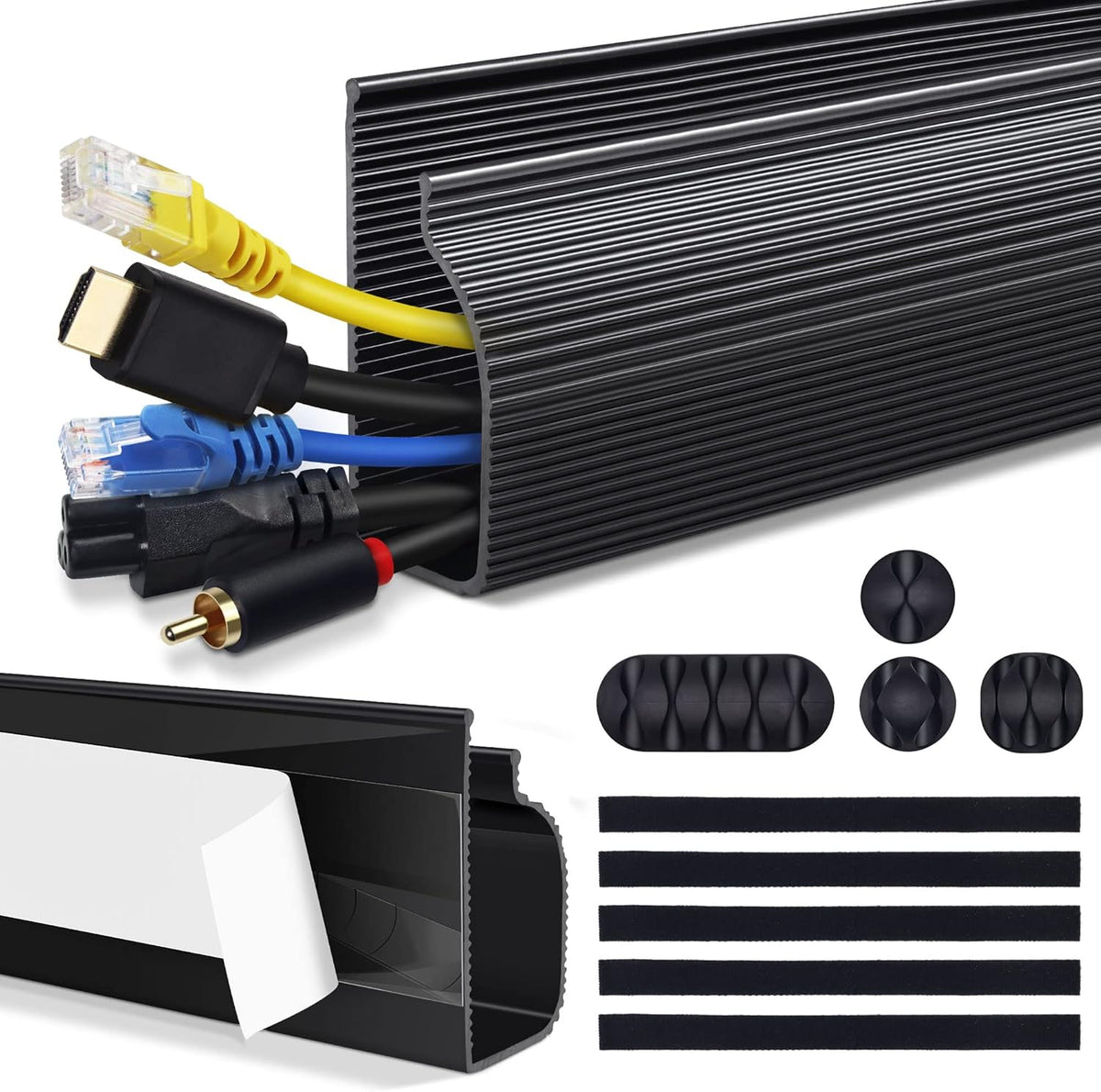 Cable Management Under Desk (31.5in J Channel 2x15.7in) Self Adhesive Cable Raceways Channel, Easy to Install Cord Cover Hider Desk Cord Organizer Electrical Black