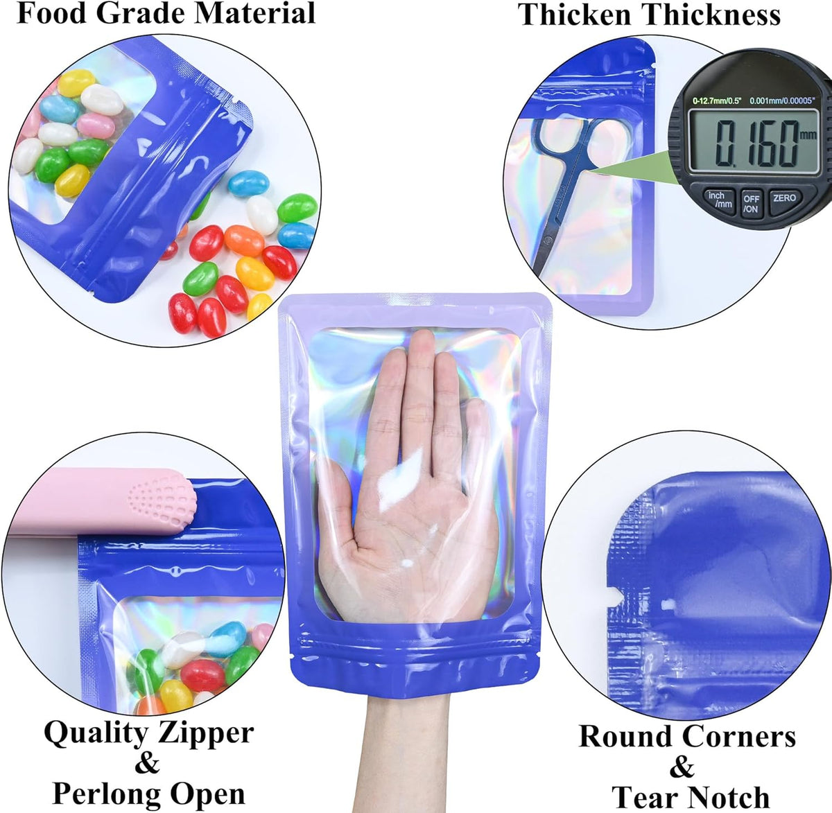 Resealable Mylar Pouch Pen Bags Great for Office Home Party Favor Food Storage Cookies Sample Jewelry Snack (100PCS, Purple and Blue Color, 3 x 4.7 inch)