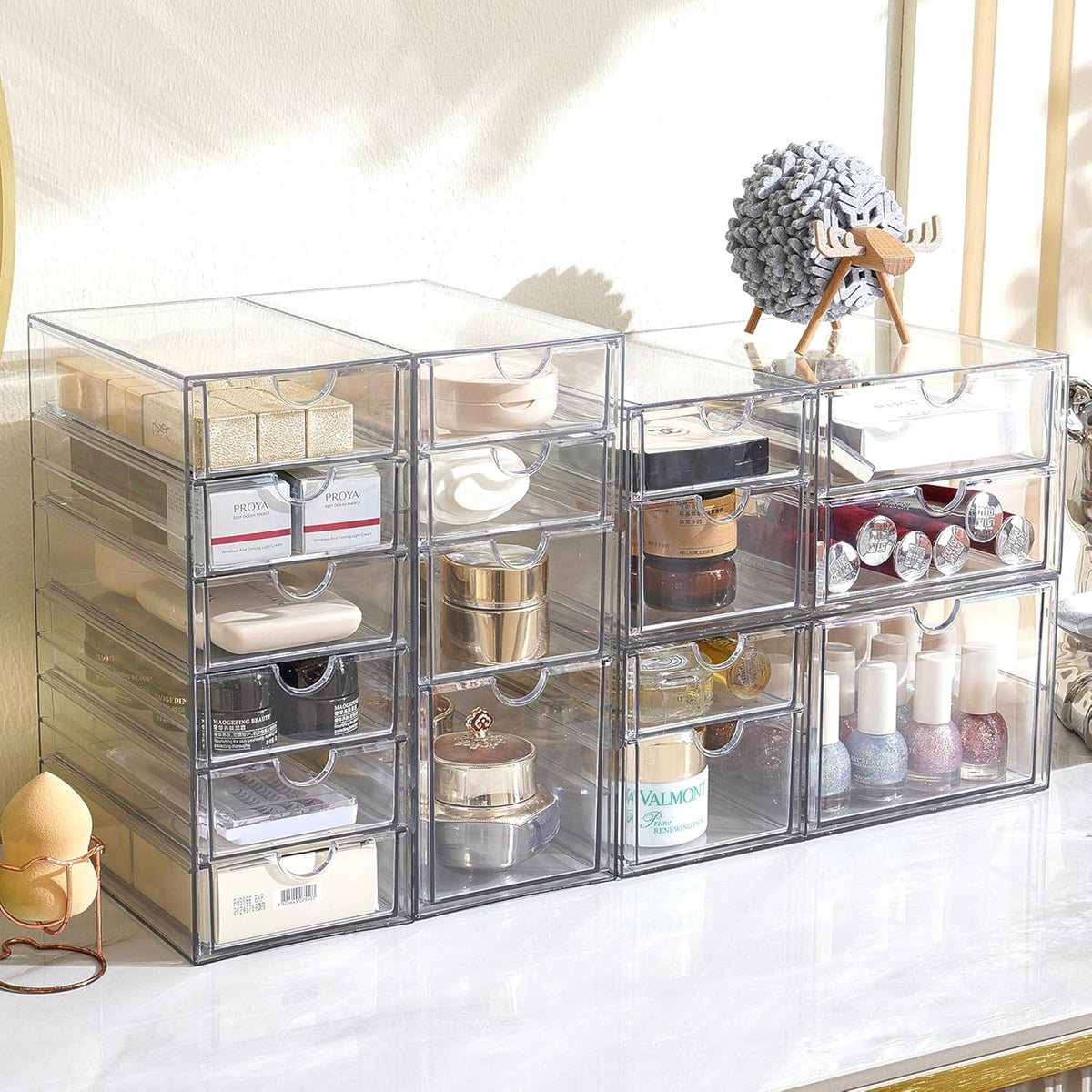 Prsildan Acrylic Drawer Organizer with 17 Drawers, Craft Office Desk Makeup Organizers Accessories, Set of 4 Clear Stackable Storage Drawers for Vanity, Countertop, Jewelry, Art Supply Organization