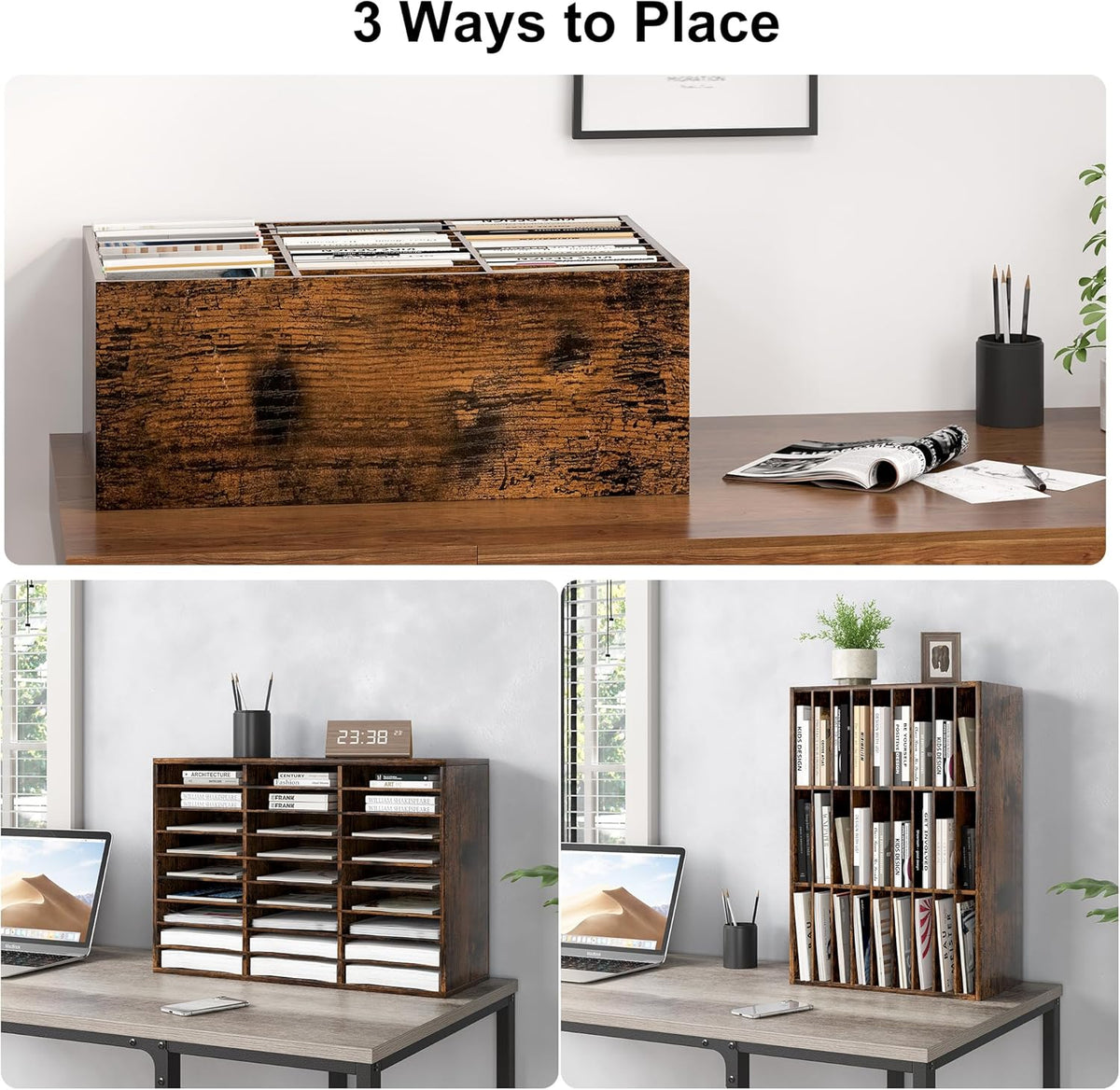 Mail Organizer Countertop, 27 Slots Wooden Desk File Literature Sorter, Adjustable Paper Storage Shelves Document Holder, Space Saving Desktop Mailbox for Office Classroom, Rustic Brown
