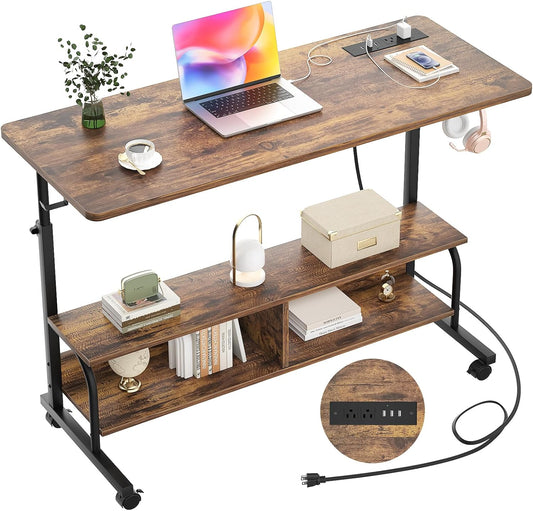 Armocity Height Adjustable Standing Desk with Power Outlets, 47" Manual Stand Up Desk with Storage Shelves Small Mobile Rolling Computer Desk Portable Laptop Table with Wheels for Home Office, Rustic