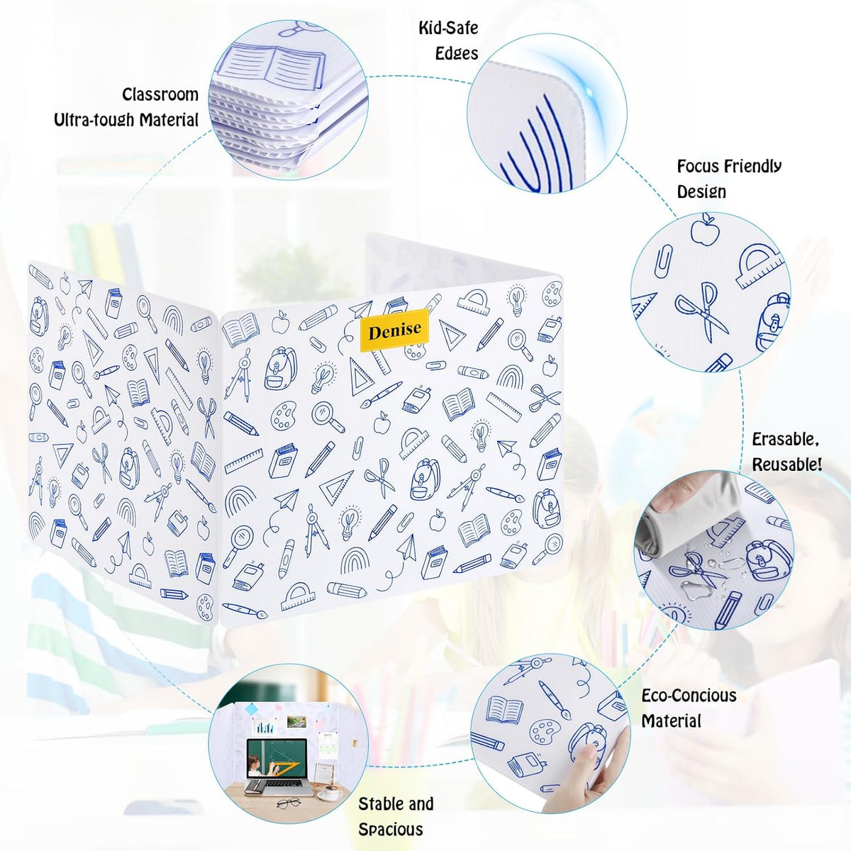 24 Pack Printing Privacy Floders for Student Desks - Durable Plastic Erasable - Testing Dividers for Classroom - Easy Clean Privacy Shields for Student - Includes Extra Labels White