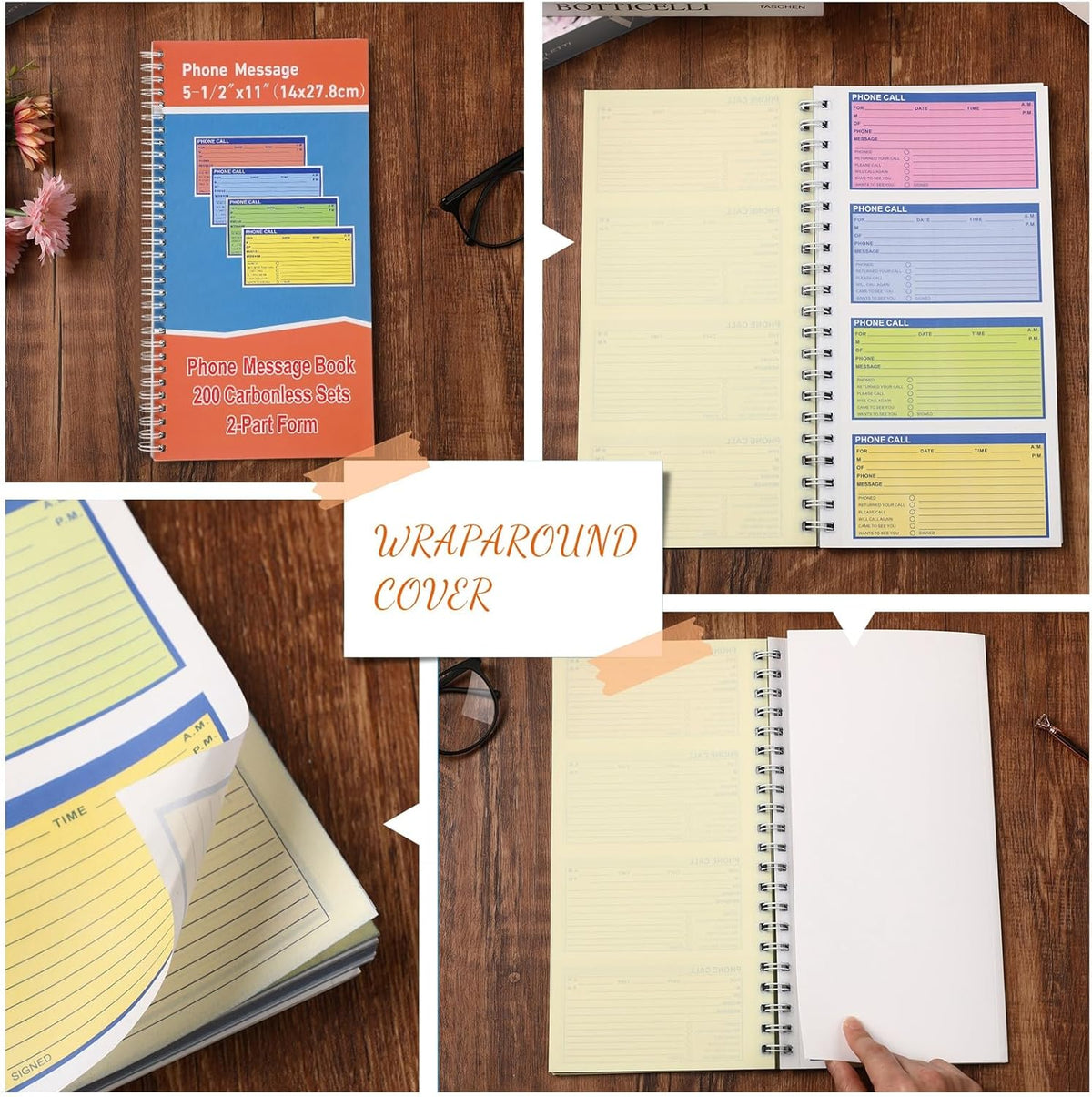 Fullhawl 2 Pcs Spiral Bound Phone Message Book 5-1/2" x 11" 2 Part Colorful Carbonless Message Pads 4 Messages Per Page Carbon Copy Notebook Spiral Phone Call Log Book for Business Office