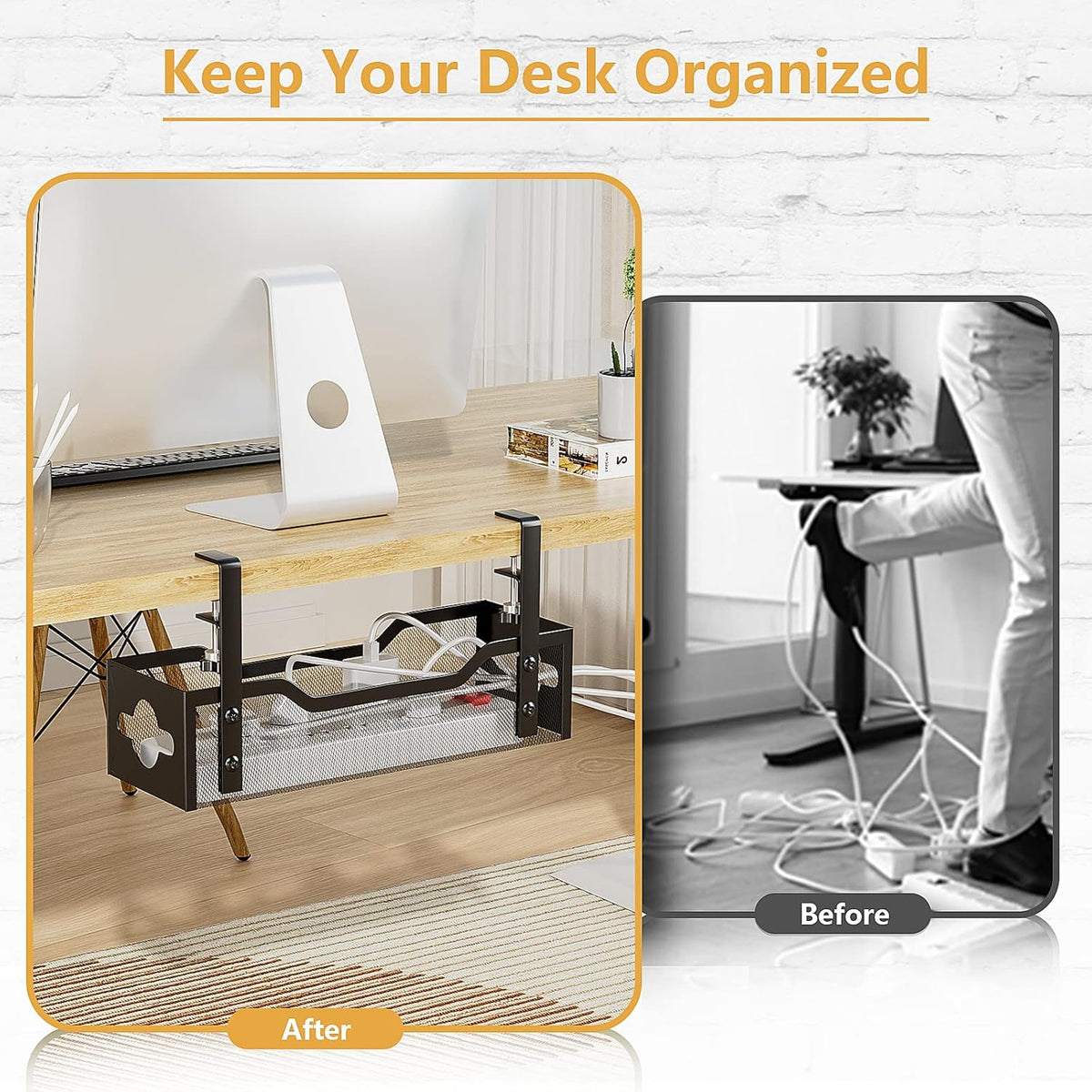 Under Desk Cable Management Tray 13.38", Quszmd Cable Organizer No Drill, Standing Cord Organizer and Wire Management Tray - No Damage to Desk, Black