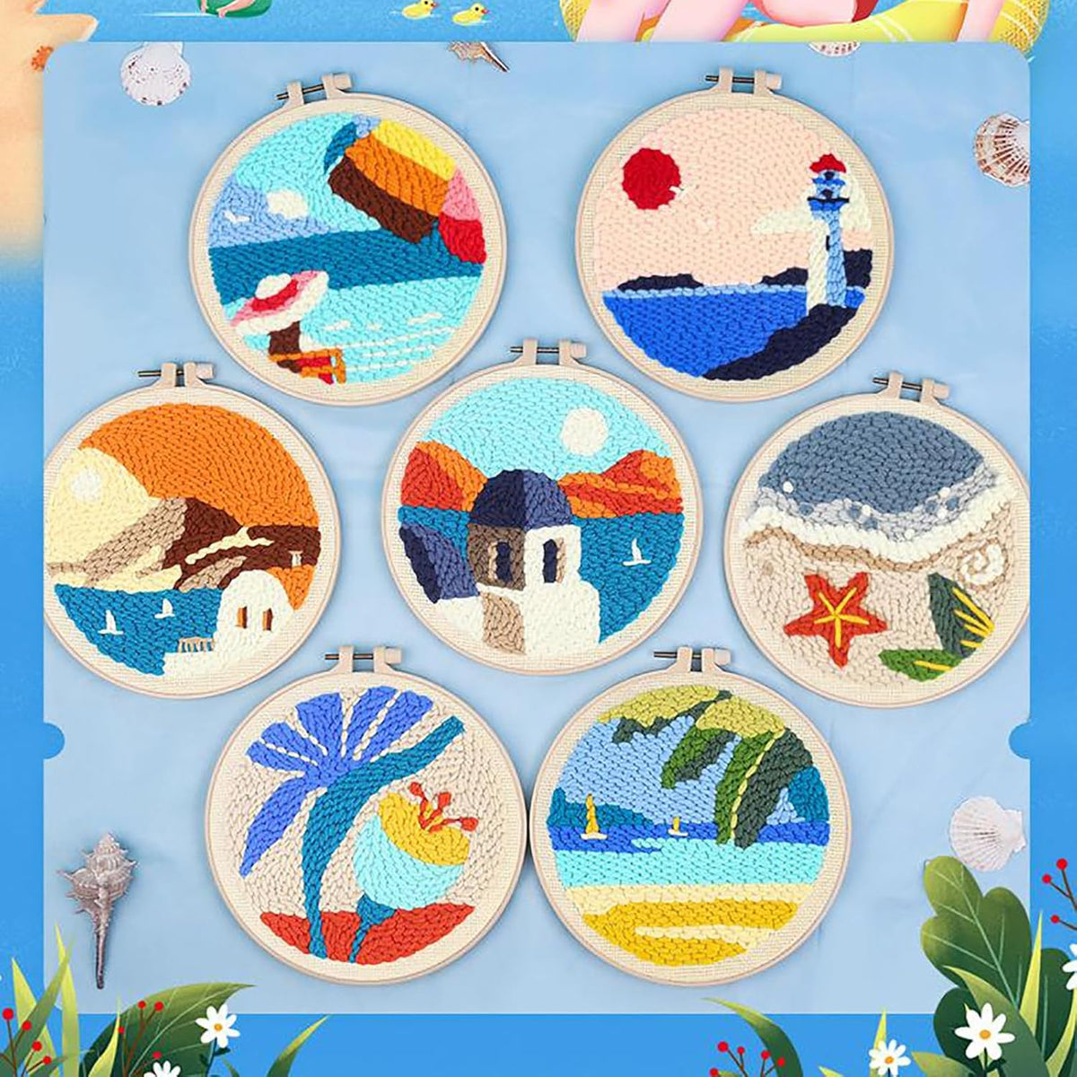 ILYUFO Punch Needle Kits Adults Beginner DIY Dreamy Beach Style 8 in Hoop Embroidery Set Starter Punch Needle Tool for Art Crafts, Ideal for All Ages, Perfect Festival Decoration & Gift (Surf)
