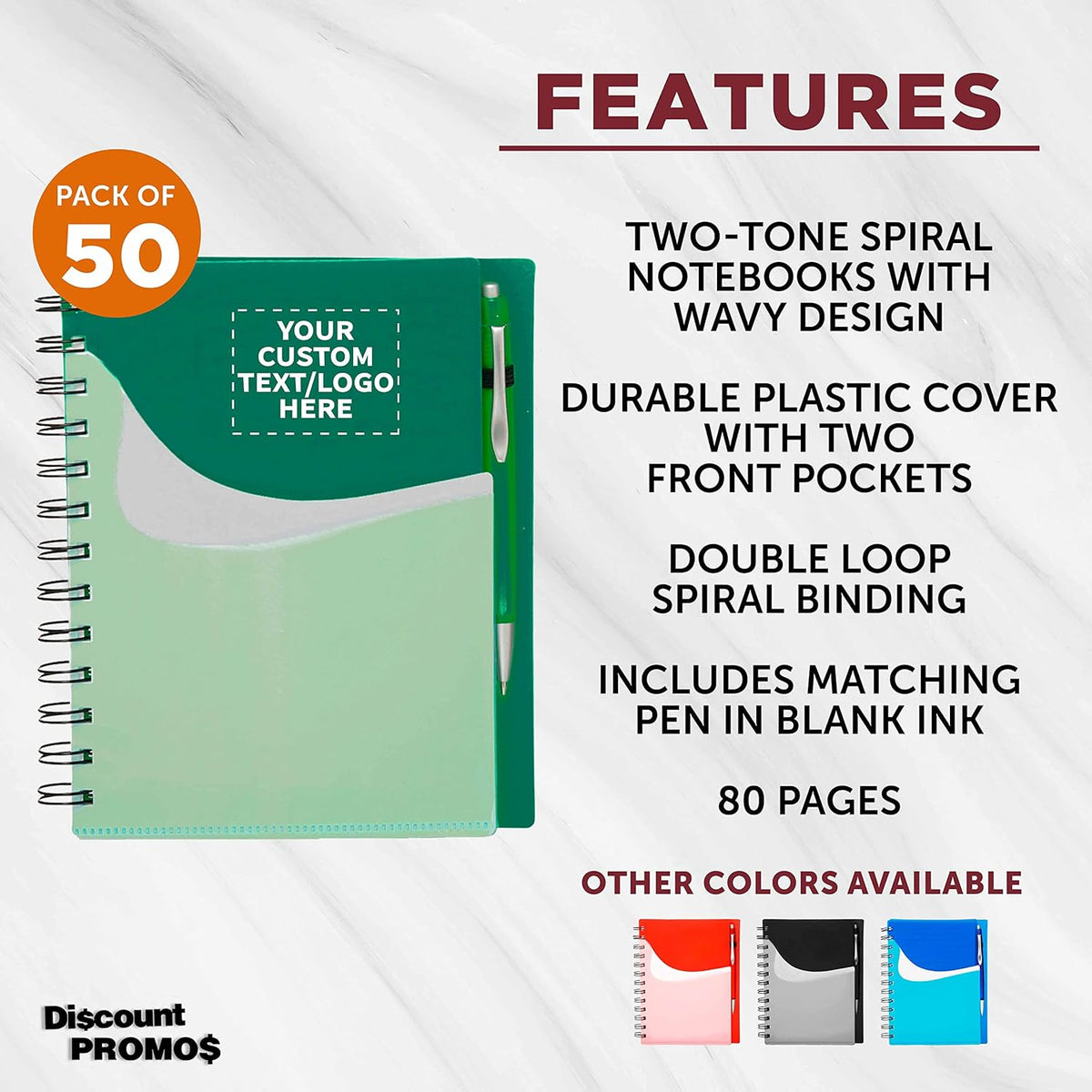 DISCOUNT PROMOS Custom Spiral Notebooks with Front Pocket Set of 50, Personalized Bulk Pack - Durable Plastic Cover, Includes Matching Pen in Blank Ink, Perfect for School, Office, Home - Green