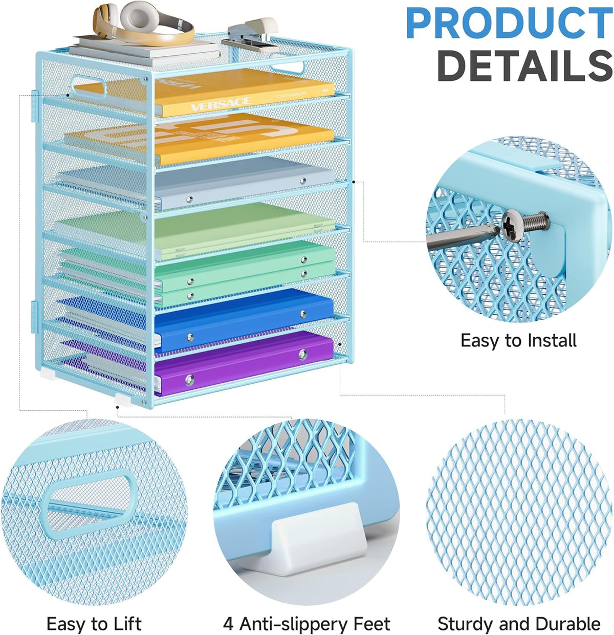 8 Tier Paper Organizer with Handle, Metal Mesh Desk File Organizer, Large Capacity Desk Organizers Paper Letter Tray Desktop Document Sorter for Office, Home or School - Blue