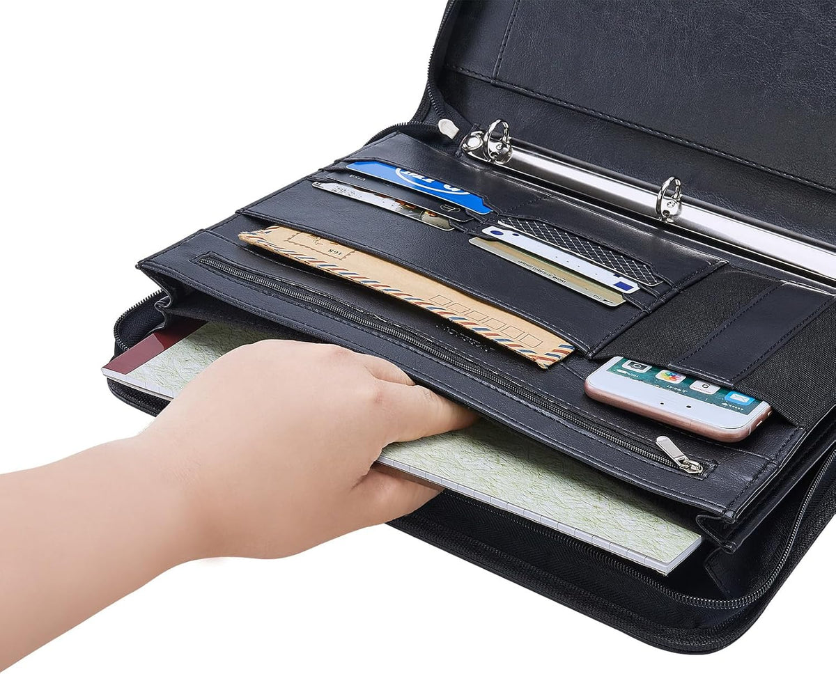 IVESIGN Zippered Padfolio Binder, Faux Leather Organizer with 3-Ring Binder, Left-Handed Design, Business Card Slots & Document Folders - Professional Padfolio for Office (Black)