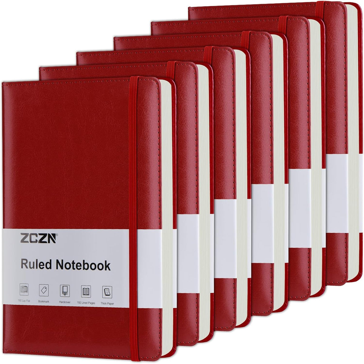ZCZN 6 Pack Lined Journal Notebooks, 192 Pages A5 Hardcover Leather Journals for Work,Writing,School & Travel, College Ruled Journaling Notebooks for Notes Taking,Diary Notepad (Red*6)