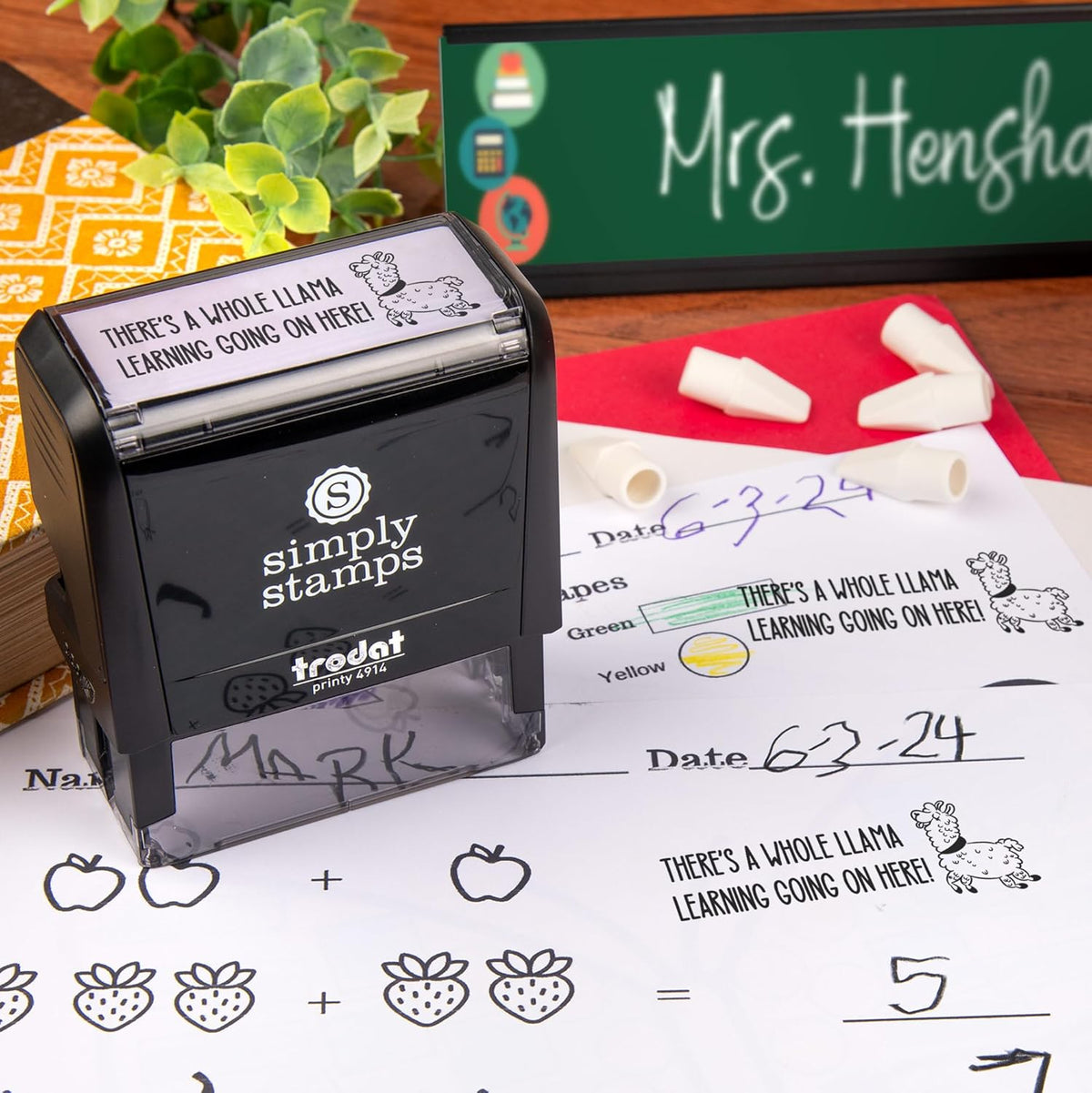 Whole Llama Learning | Custom Self-Inking Stamps | Large | 49 Designs | Fun Phrases | Grading Made Easy | Classroom & Library Book Stamps