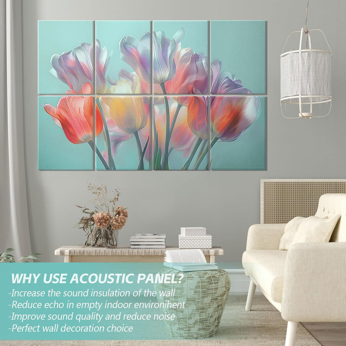 8 Pack Art Acoustic Panels, 48"X32" Self-adhesive Soundproof Wall Panels, Decorative Sound Absorbing Panel, Acoustic Treatment for Studio, Home, Office (Colorful Tulips)