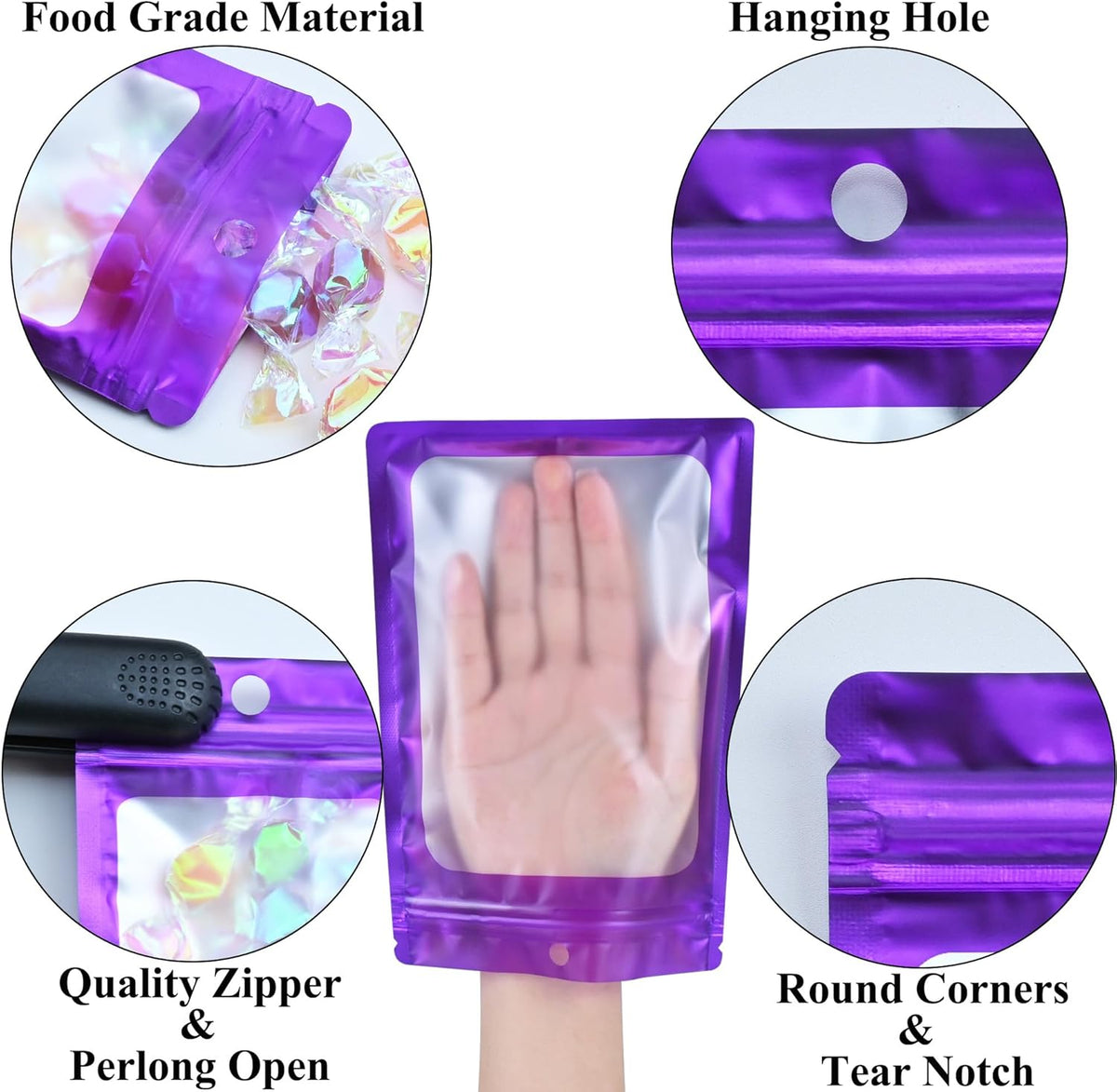 Resealable Mylar Pouch Bag Great for Office Home Party Favor Food Storage (100PCS, Purple Color, 3 x 4.7 inch)