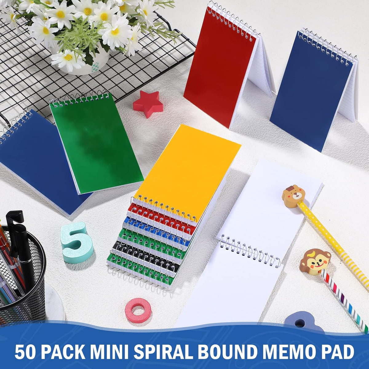 50 Pieces Spiral Memo Pads Bulk 3 x 5 Inch Small Note Pads Top Bound Lined College Ruled Paper Mini Notepad Pocket Spiral Notebooks for School Office Home Supplies, 75 Sheets (Bright Colors)