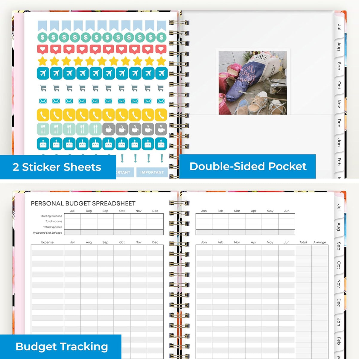 Blue Sky 2025-2026 Weekly and Monthly Academic Year Planner Calendar, July 2025 - June 2026, 5" x 8", Hard Cover, Wirebound, Storage Pocket, Laminated Tabs, Stickers