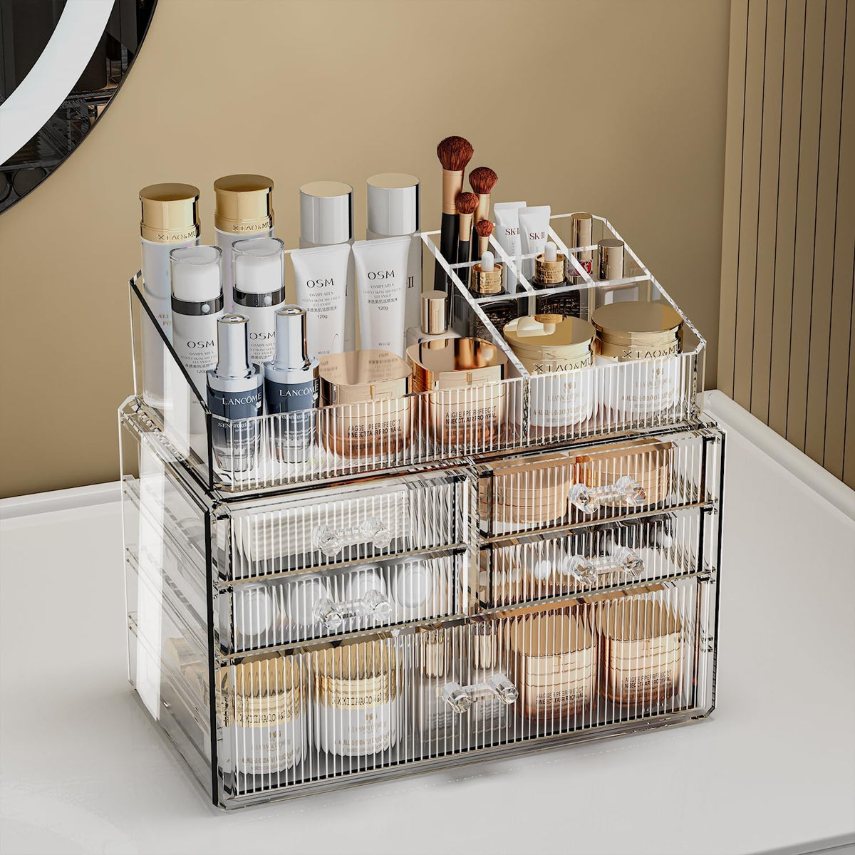 ZHIAI Stackable Organizer, Acrylic Cosmetic Organizer for Dresser, Vanity, Kitchen Cabinet, Bathroom, Under Sink, Home Organization and Storage (1 Top 5 Drawers)