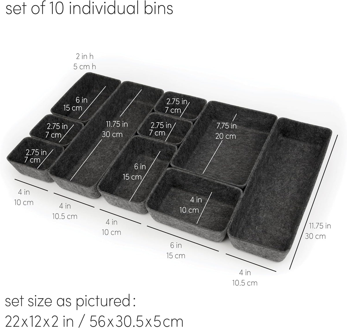 Three by Three Seattle Felt·Like·It! Felt Bins for Office, Crafts, Classroom, Living Room, Bedroom: Charcoal, Set of 10