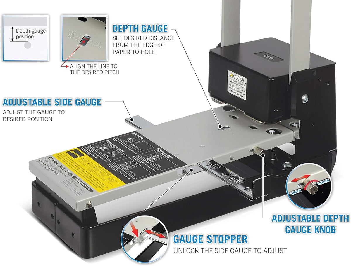 CARL, XHC-2145, Heavy Duty 2-Hole Punch – 145 Sheet Capacity Paper Puncher with Precise Spacing, Built-in Waste Bin, Fits US & Metric Brooch Sizes – Office, School & Binder-Ready Use.