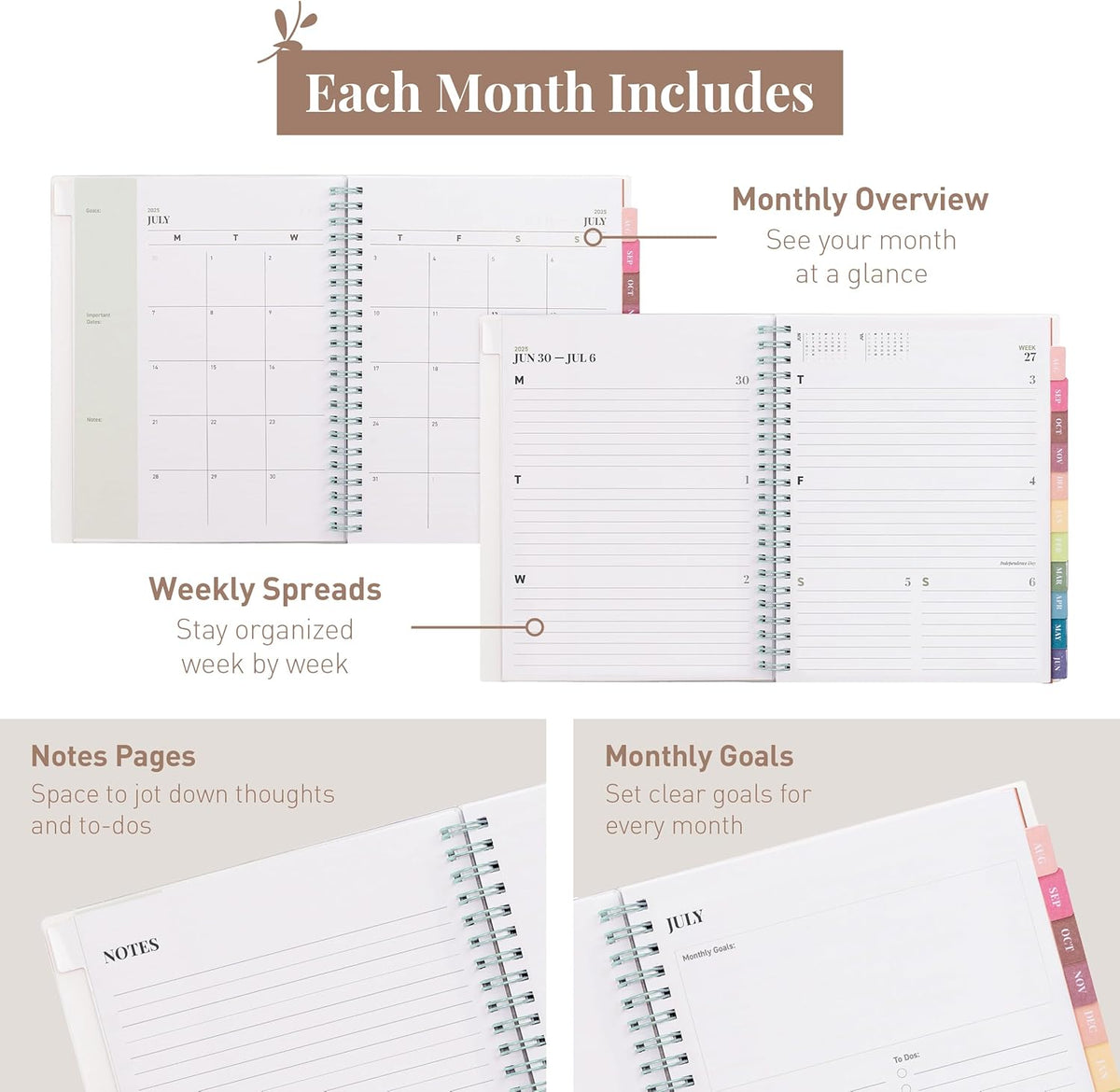Rileys Academic Planner 2025-2026, Daily, Weekly & Monthly Planner, July 2025 - June 2026, Student Notes Pages, Twin-Wire Binding, Weekly Agenda for School & Work (8 x 6-Inches, Green, Deco)