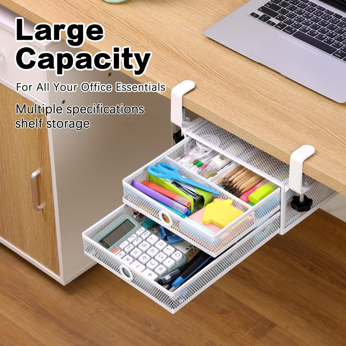 2-Tier Clamp-On Mesh Organizer, Under Desk Storage with Slide-Out Tray, No Drilling Tool-Free Installation, Durable Rust-Resistant Metal, Large-Capacity Organizer.