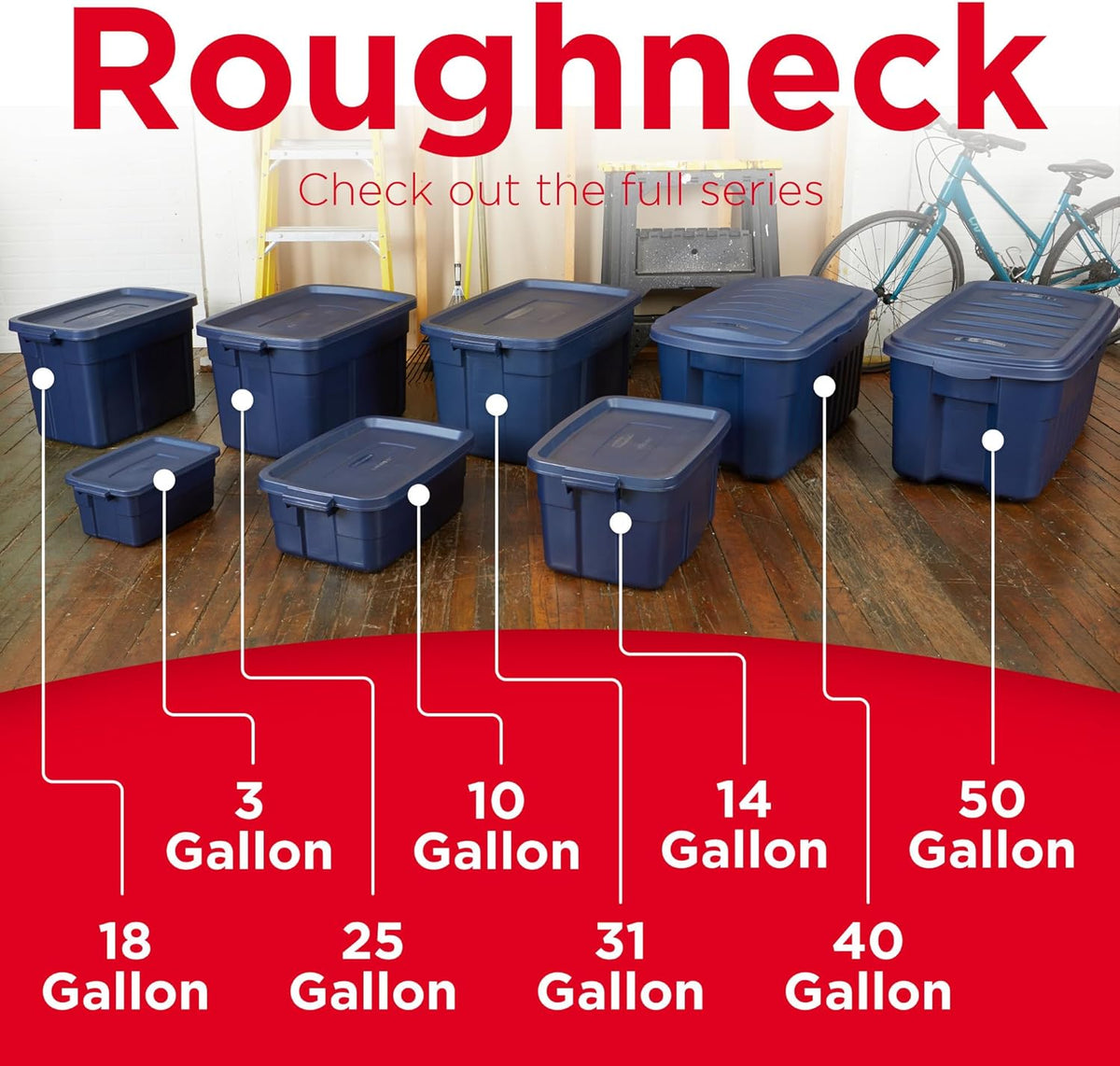 Rubbermaid Roughneck Tote 18 Gal, 6 Pack, Made in USA, Dark Indigo Metallic, Rugged Plastic Stackable Storage Bins with Lids and Handles