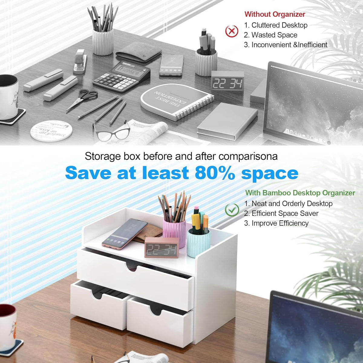 Bamboo Desk Organizer with Drawers Desktop Storage Drawers for Bills Office Supplies Kitchen Utensils Organizing Tool for Home Classroom Organization No Assembly (White with Shelf)