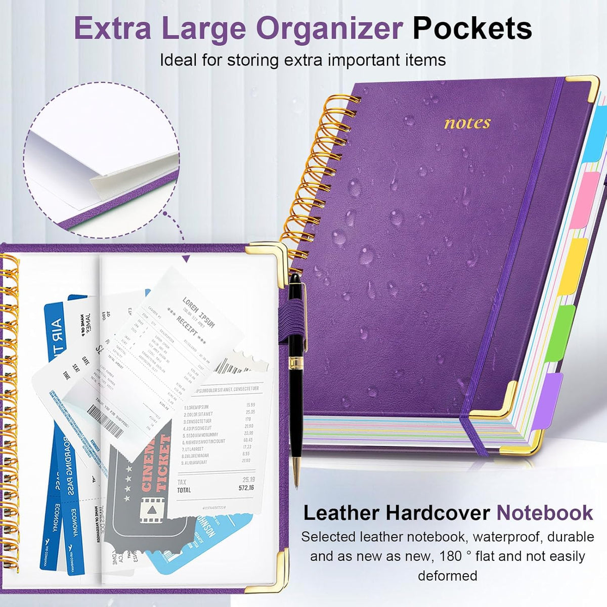 Hardcover Spiral Notebook 8"x10" Journal Notebook with Tabs and Removable Dividers 300 Pages 5 Subject Notebook College Ruled, Faux Leather Spiral Bound Notebook for Women, Students, School Work (Purple)