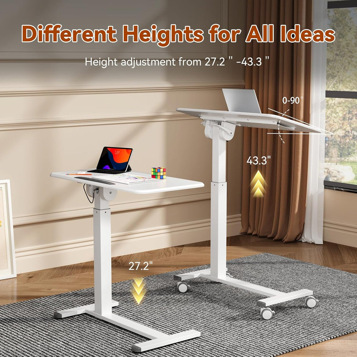 Mobile Standing Desk, Height Adjustable Left/Right Overbed Bedside Table, 90° Tiltable Portable Laptop Desk with Wheels, Foldable Computer Cart for Hospital Home Use, White
