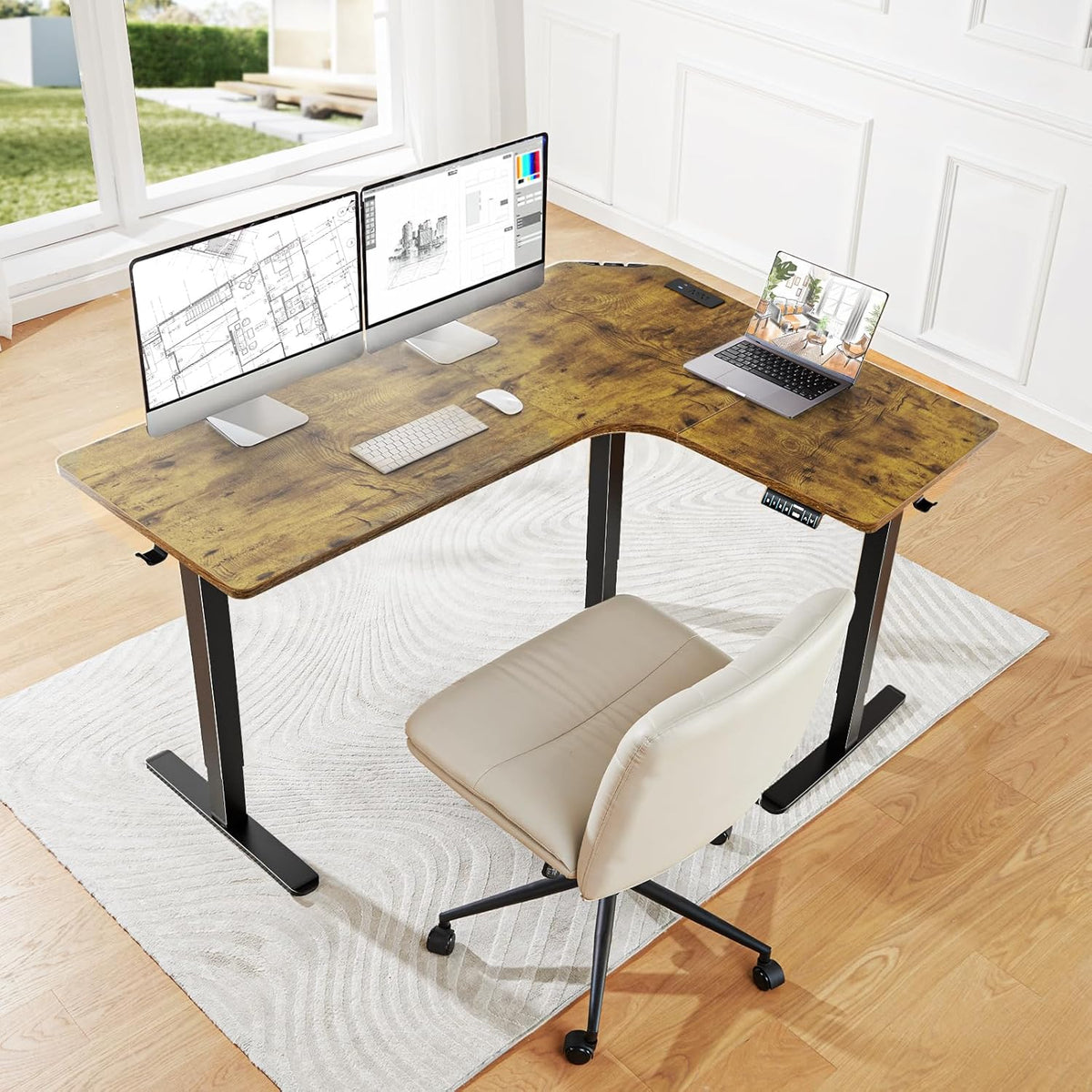 HUANUO 63″ Dual Motor L-Shaped Standing Desk, Built-in Power Outlets, Electric Height Adjustable Corner Computer Desk, Large Power Strip Holder, Sit Stand Up Desk with 3 Preset Heights, Vintage Brown
