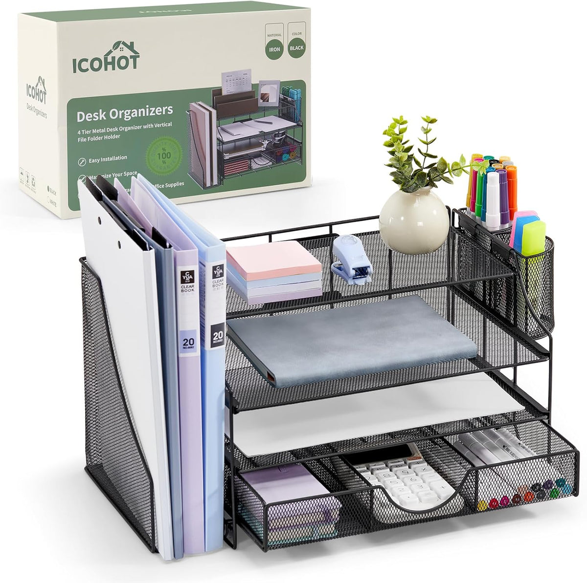 Desk Organizers and Accessories, 4 Tier Paper Letter Tray Organizer Holder Desk Organization with Drawer, Mesh Desktop Organizer with Vertical File Holder Workspace Accessories for Office Supplies