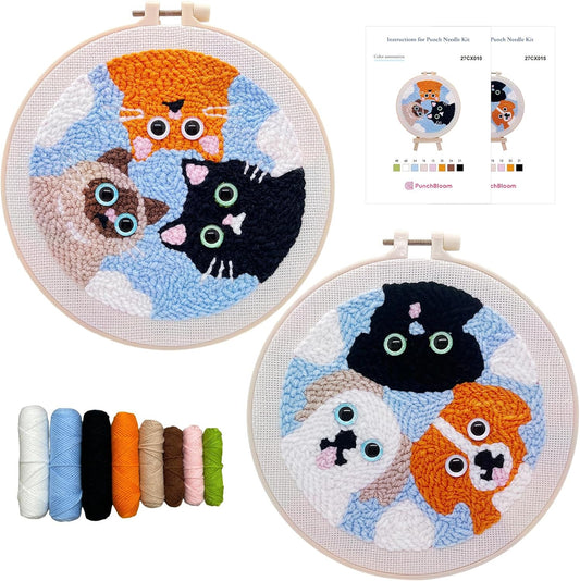 Punch Needle Kit for Adult Beginner, 2-Pcs Puppy & Cat Punch Starter Kit – Easy Punch Embroidery Stitch Set with Instructions – Fun Needle Point Craft for Table Decor & Gift Idea