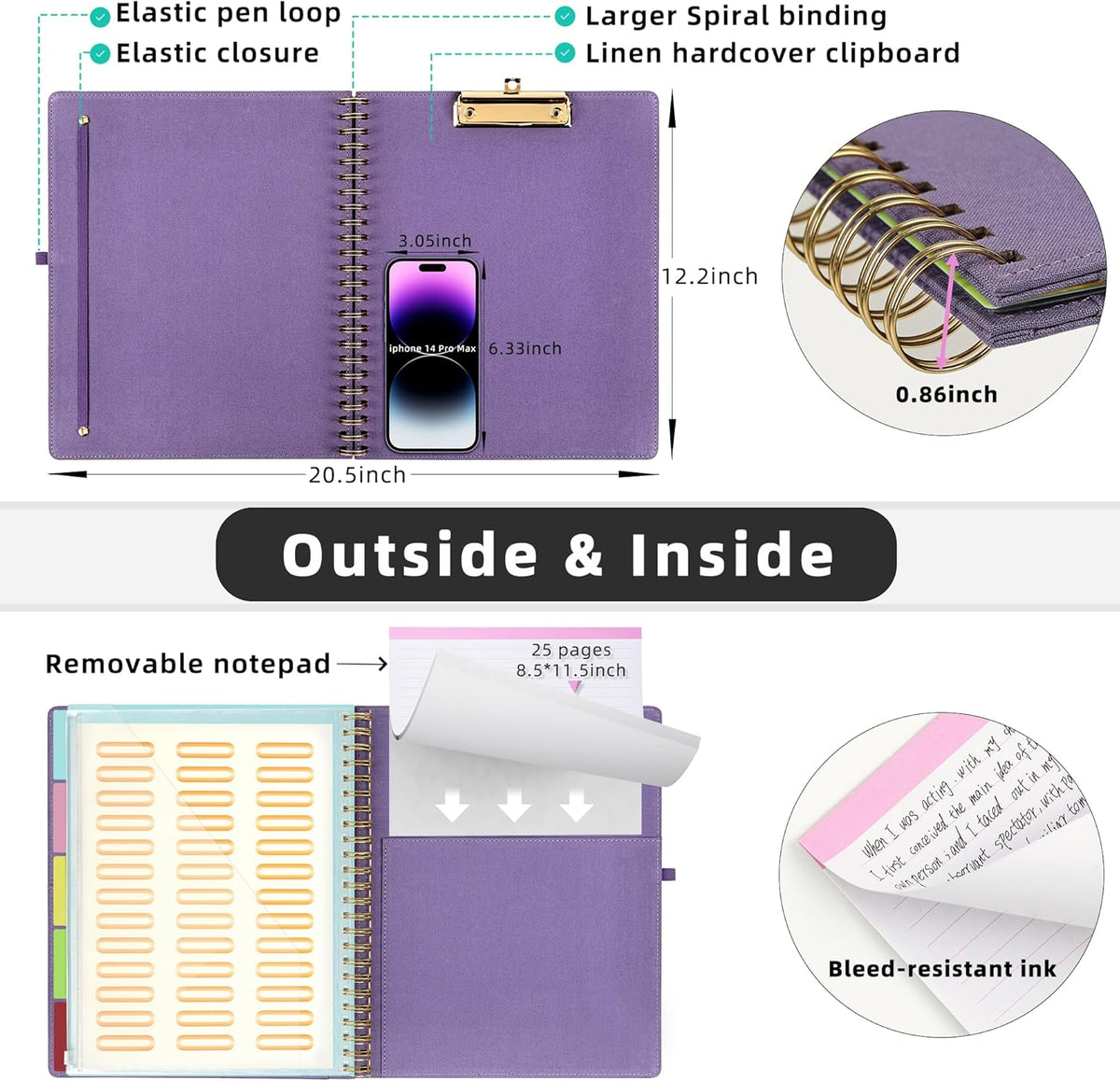 Ospelelf Foldable Spiral Clipboard Folio with Storage Zipper Pouch, 5 Plastic Folders with 10 Pockets,Refillable Lined Notepad (11" x 8.5"), Hardcover Project Organizer with 39 Stickers (Purple)