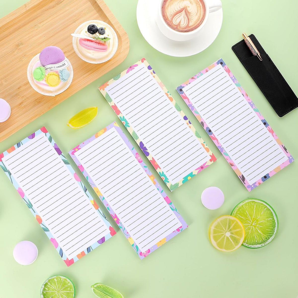 4 Pack Magnetic Note Pad for Fridge with Pen Holder, Totally 200 Sheets Grocery List Magnet Pad for Refrigerator Magnetic Shopping List Pad（Floral Design）