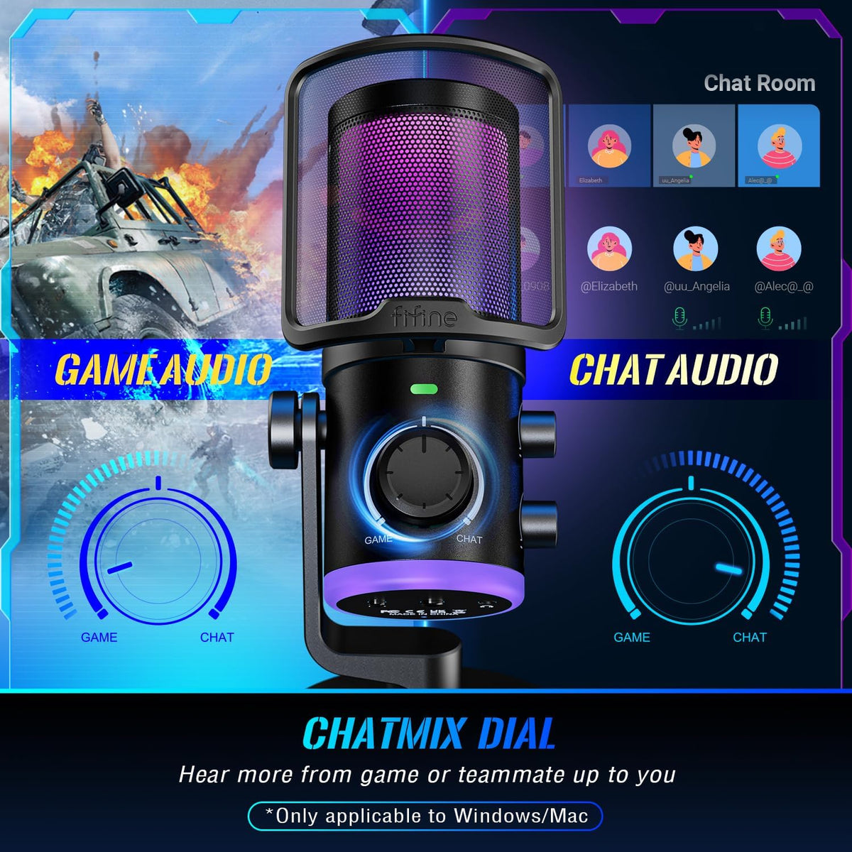 FIFINE AM6T USB Streaming Microphone for PC Gaming, Professional Condenser Mic with RGB, Noise Cancellation&Game/Chat Mixer-Plug & Play for Discord Chat/Streamer/Podcaster, with Boom Arm&Pop Filter