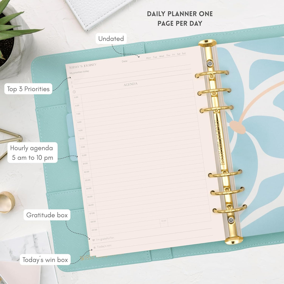Bossy Girl Journey - A5 Daily Planner Binder – Undated Time Blocking Refillable Organizer for Women with 110gsm Paper, PU Leather Cover, Stickers, Dividers, Pen Loop, Gift Box – Goal Setting & Productivity (Pistachio)