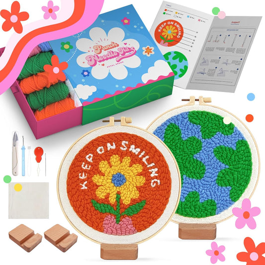 yuegool 2PCS Punch Needle Decoration Kit,Easy DIY Punch Needle Embroidery Kit for Beginners Adults Kids Including Patterns, Tools, Yarns, Hoop, Instruction, Bracket Art Craft Supplies