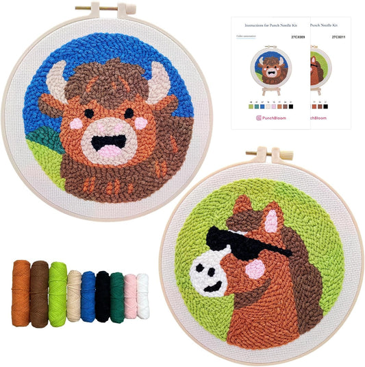 Punch Needle Kit for Adult Beginner, 2Pcs Horse & Highland Cow Punch Embroidery Starter Kit – Easy Yarn Stitch Set with Instructions – Fun Needle Point Craft for Home Decor &Gift Idea