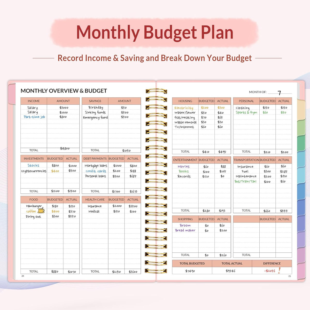 SUNEE Budget Planner - Monthly Budget Book with Expense Tracker Notebook, Undated 12 Month Bill Organizer & Finance Planner to Manage Your Money, A5(6.4" x 8.3") Account Book with Colorful Tab, Pink
