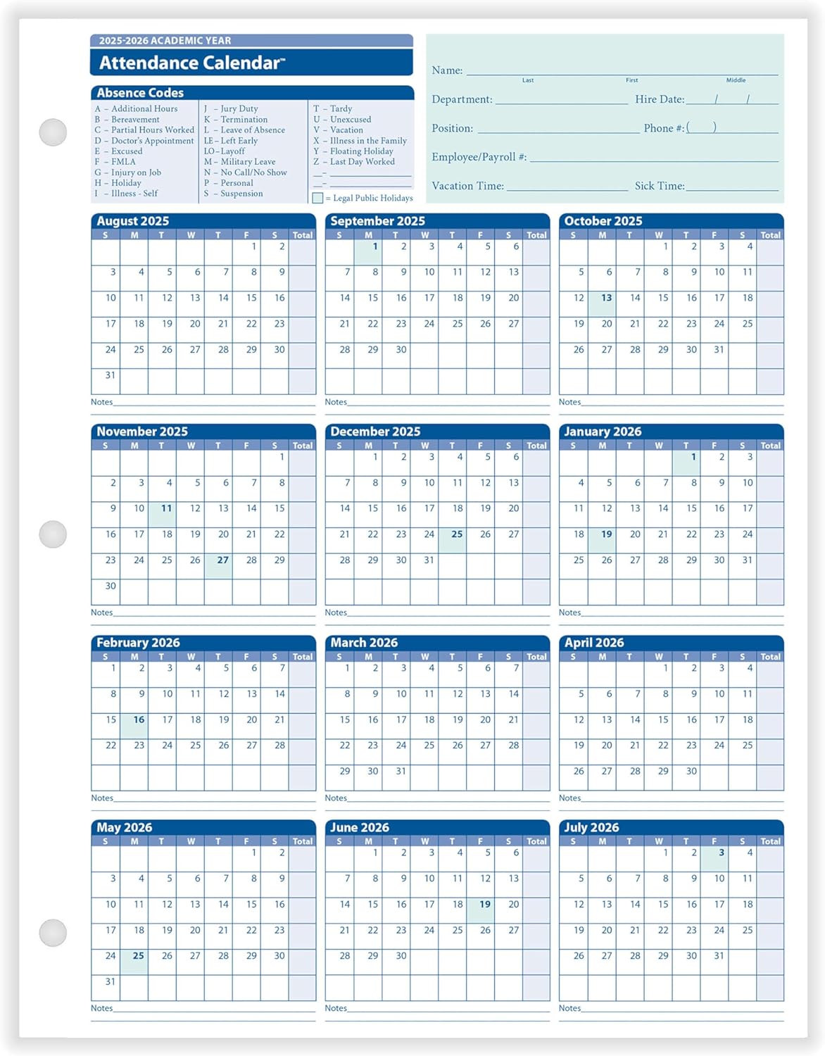 2025-2026 Academic Attendance Calendar, Pack Of 50